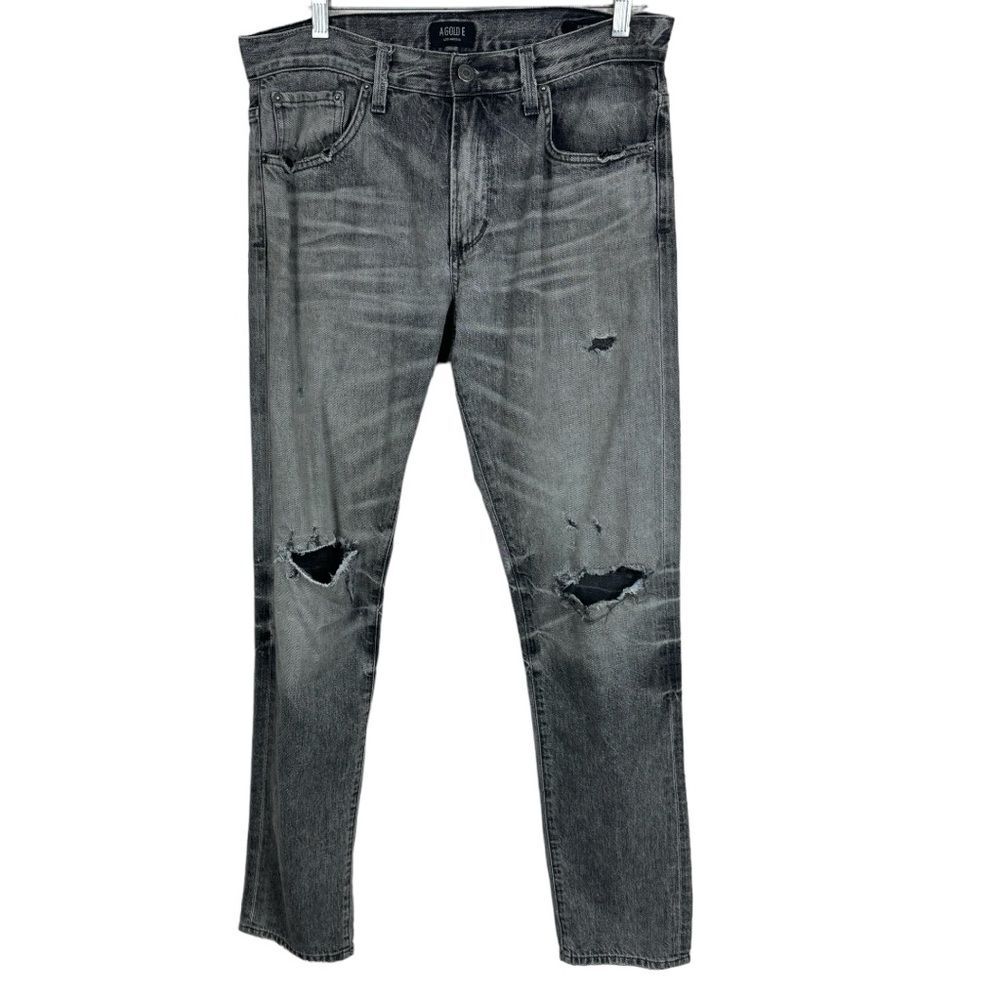 Agolde Men's Slim Fit Rockwell Gray Denim Distressed Destroyed Jeans Sz 32